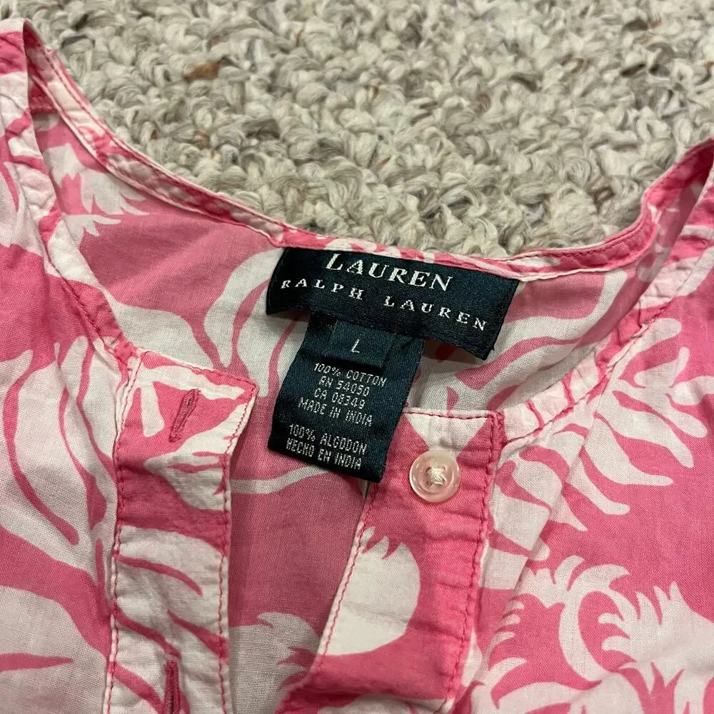 Lauren Ralph Lauren Floral Popover Blouse Sz L 100% Cotton Summer Coastal - Picture 4 of 5